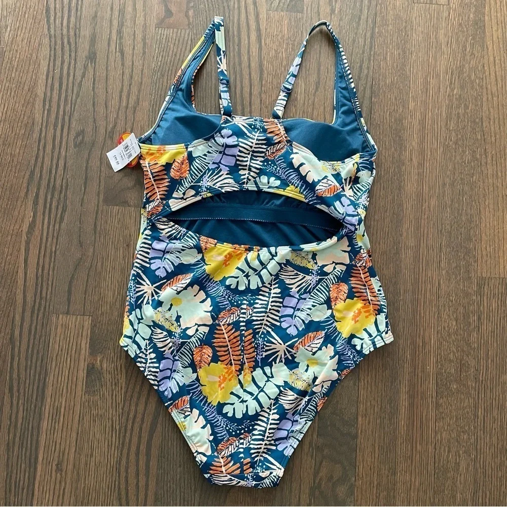 NWT Currents Swimwear, Squareneck Tanksuit Regular Deepwater Blue Multi Fern
